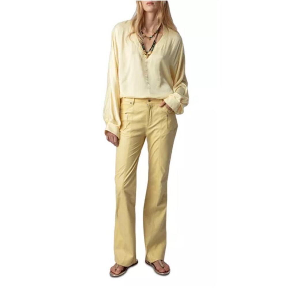 Zadig & Voltaire Tonastir Satin Blouse Yellow Long Sleeve Henley Top Women